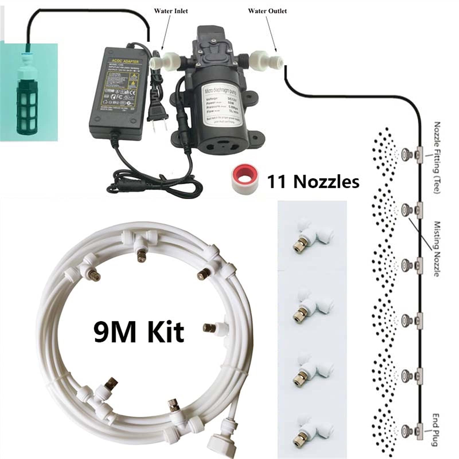 Kit de Sistema de Enfriamiento por Nebulización con Bomba, Sistema de Nebulizacion para Exteriores Terrazas Jardín Patio, Kits de Riego por Goteo para Césped, Flor, Invernadero (Size : 9m/29.5ft)