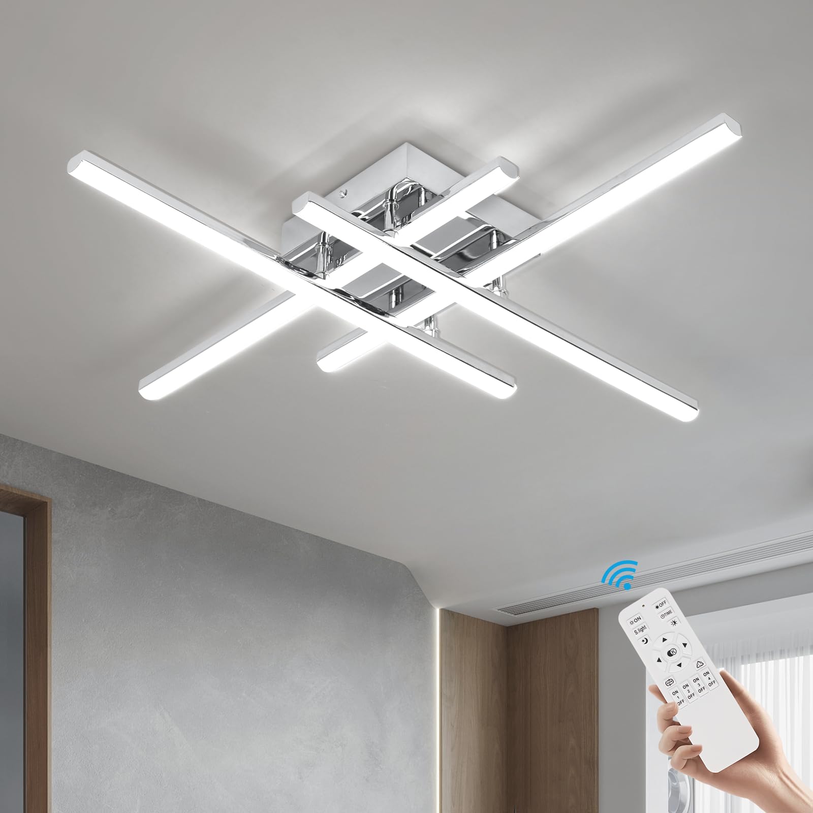 EIDISUNY Modern Dimmable Ceiling Light LED, 60cm 42W Silver 4 Built-in LED Boards, 3000K-6000K, LED Dimmable Ceiling Lights Fixtures with Remote Control for Bedroom Hallway LivingRoom Corridor Kitchen