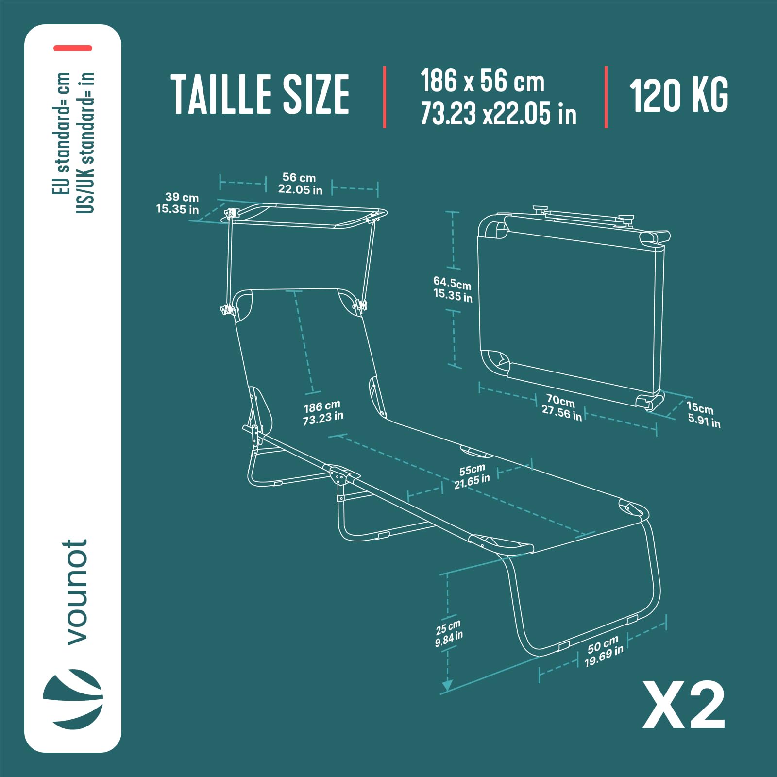 vounot® Lot de 2 Chaise Longue avec Pare Soleil Bain de Soleil Pliable Tissu Polyester Inclinable 4 Positions Transat Charge Max 120KG pour Jardin Terrasse Piscine Plage Camping Gris
