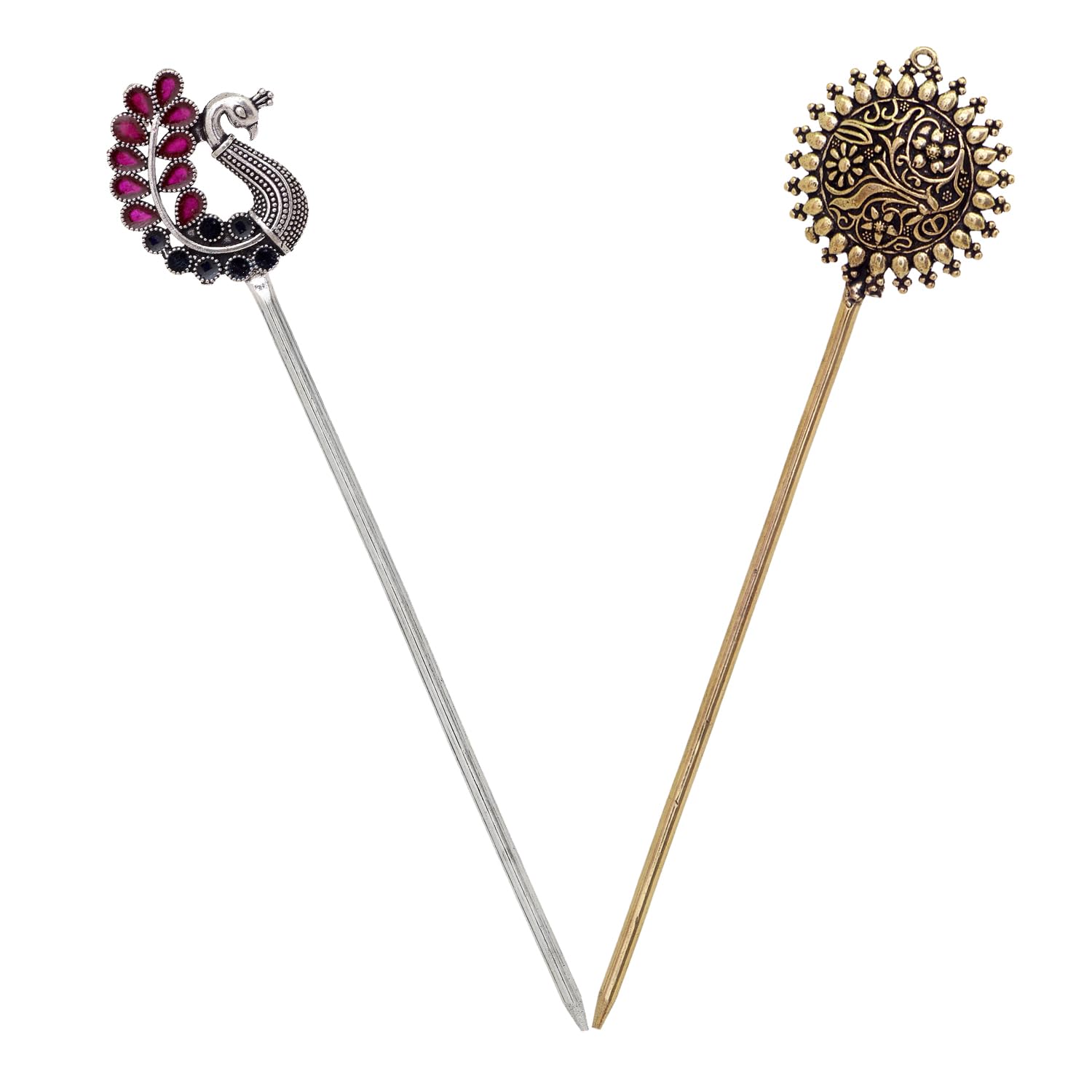 v l impex Peacock Silver & Gold Plated Round Juda Hair Combo Stick Pink Colour For Girls-picture-48