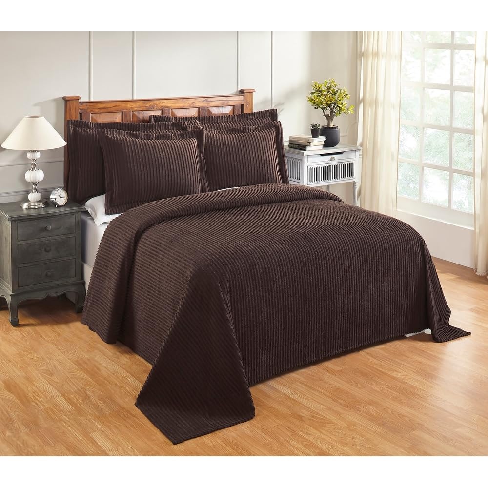 3 Piece Soft & Plush Chenille Tufted 100% Cotton Queen Quilt Bedspread | Bold Stripe Design in Pretty Choc Brown Color | Luxurious All Seasons Machine Washable Aesthetic Bedding