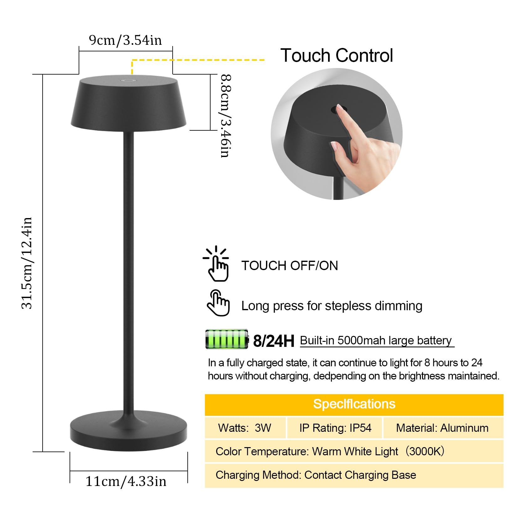 Klighten 2 Piezas LED Recargable Lámpara de escritorio con batería, Regulable Antracita Lámpara de mesa Aluminio con Carga USB Interiores y Exteriore, 3000K de luz cálida, IP54 Imperméable