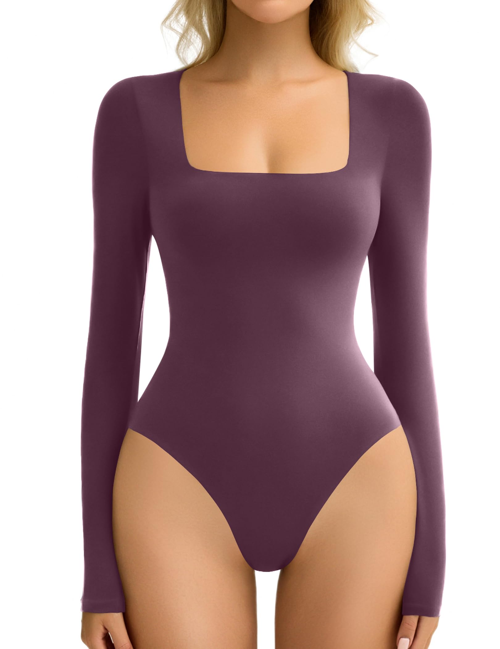 Avidlove Women's Long Sleeve Bodysuit Double Lined Square Neck Body Suit Tops Snap Closure Soft