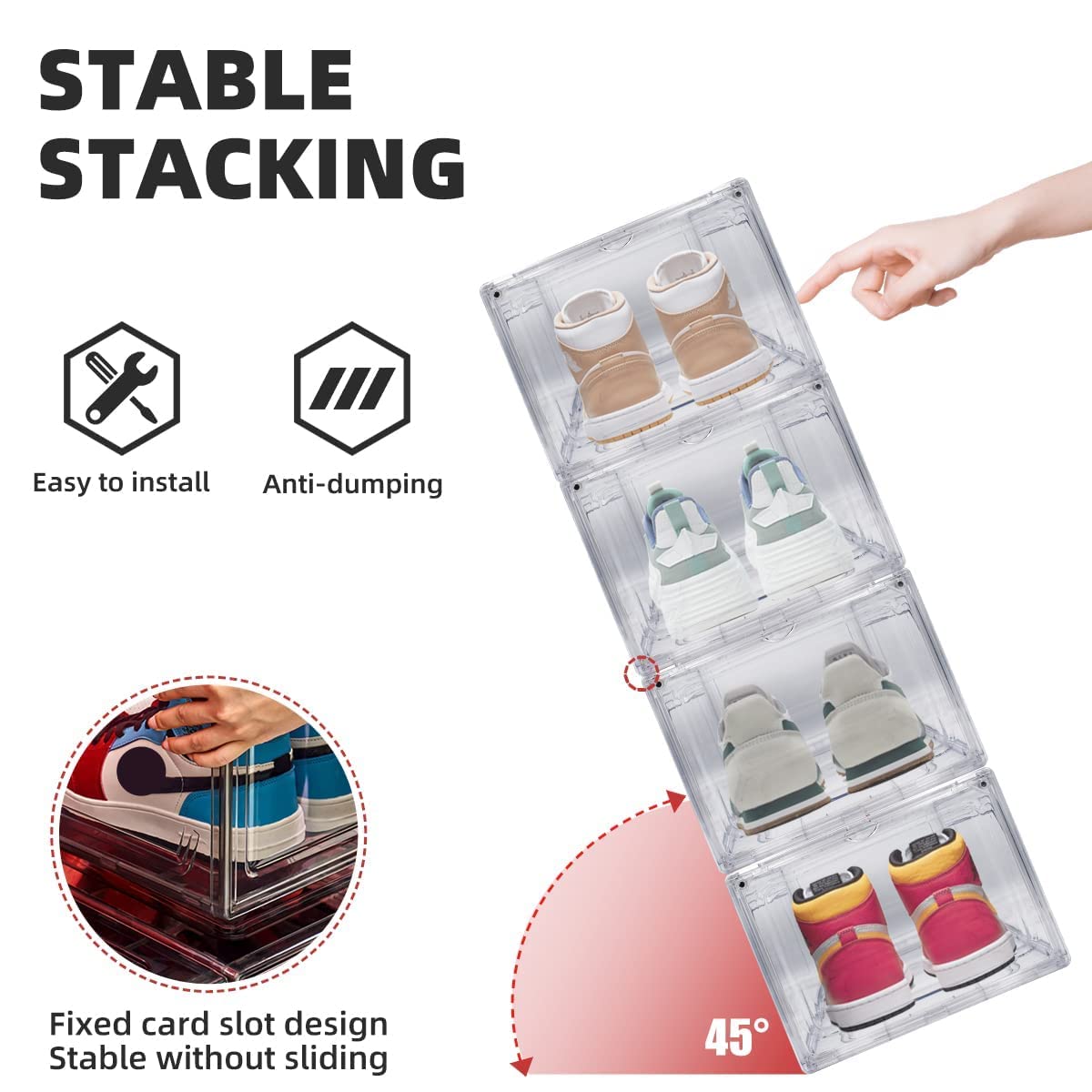 Schuhkarton, 3/4er-Set, stapelbarer Kunststoff-Schuhkarton mit transparenter Tür, als Schuh-Aufbewahrungsbox und durchsichtiger Schuhbox, für Sneaker, einfache Montage (transparent, 4er-Pack)
