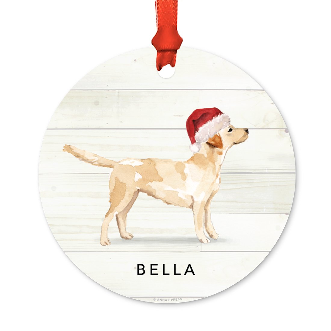 Andaz Press Personalized Animal Pet Dog Metal Christmas Ornament, Labrador Retriever with Santa Hat, 1-Pack, Includes Ribbon and Bag, Yellow Lab Puppy Ornament