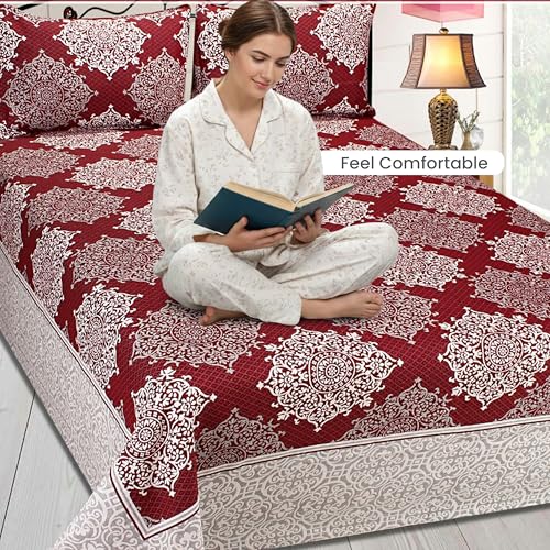 Image of Fresh From Loom Reversible 500Tc Bedsheet for Double Bed King Size Cotton | Traditional Print (90x100 Inches | 2 Pillow Cover | Maroon)