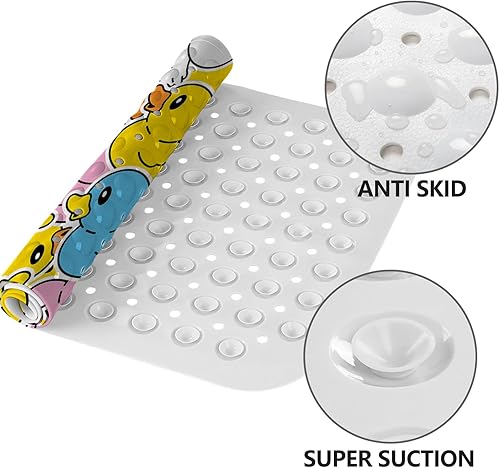 Miniatura 2 de LNOND Alfombra de baño para niños, tapete de baño de pato de dibujos animados, antideslizante con agujeros de drenaje y ventosas, lavable a máquina