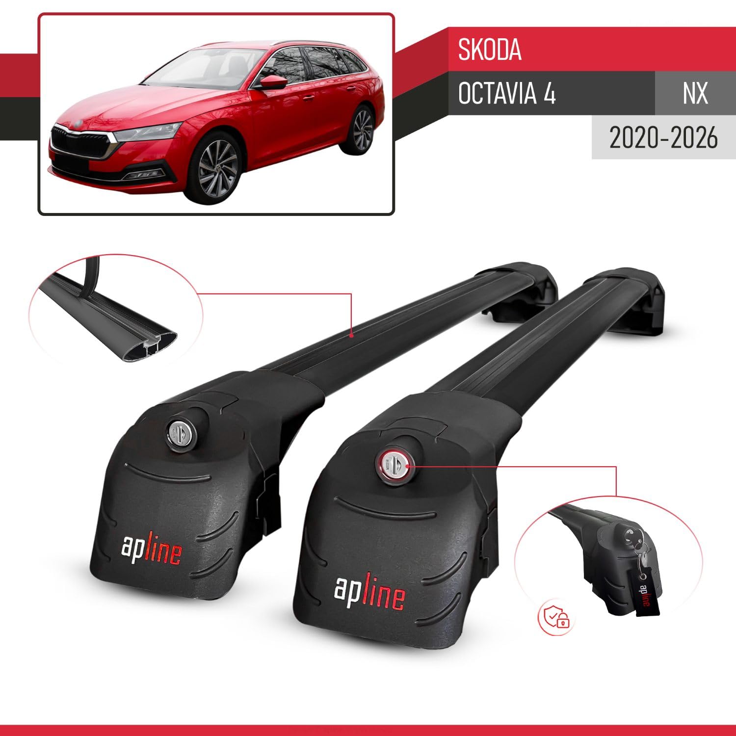 Bagażnik dachowy kompatybilny z Skoda Octavia 4 (NX) 2020-2025 ACE-2, bagażnik dachowy, czarny, aluminium, 2 drążki