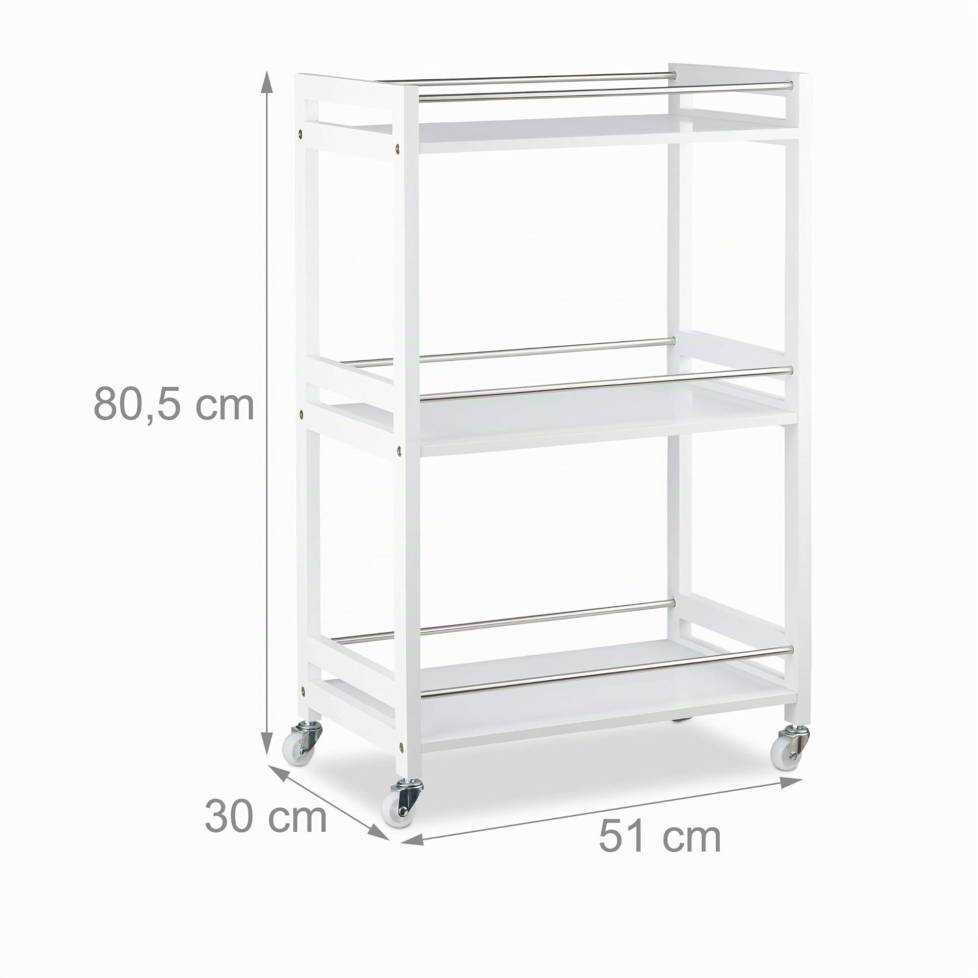 Relaxdays Camarera con 3 Repisas, Carrito de Cocina, Carro Servicio, Bambú, Acero y Tablero DM, 80,5 x 51 x 30cm, Blanco