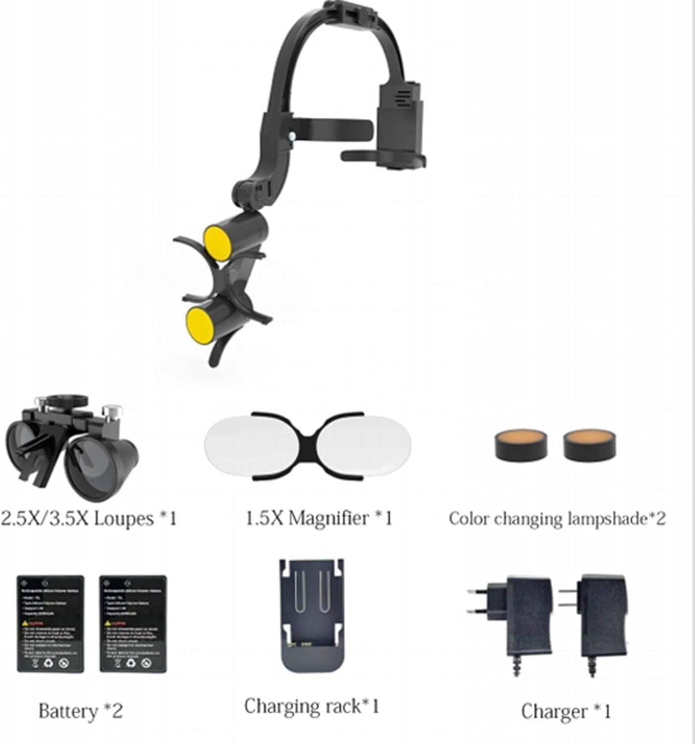 Lampe Frontale Dentaire, Lampe Frontale Chirurgicale à LED 5 W avec Bandeau, Loupes Dentaires Montées sur La Tête 2,5X/3,5X, Luminosité Et Tour De Tête Réglables 2.5X