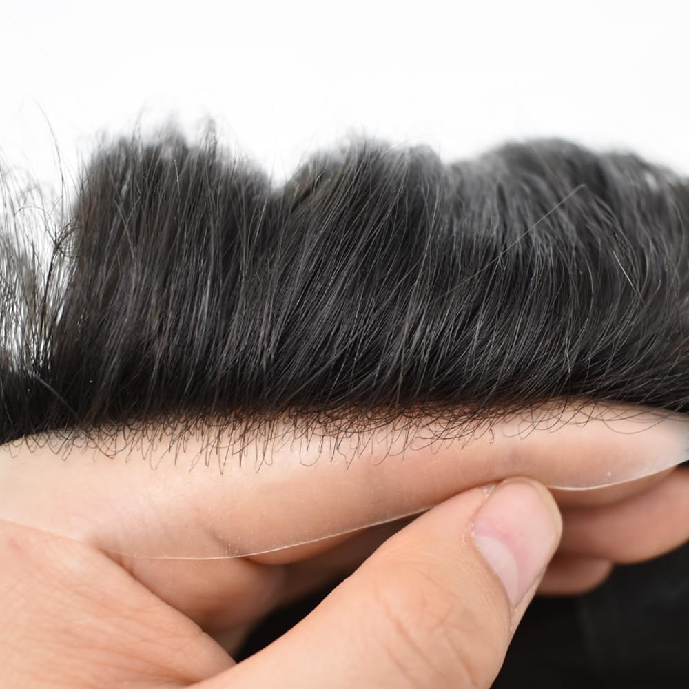Mens Hairpiece Human Hair Swiss Lace Hair System for Men Toupee Replacement Systems Natural Looking Toupee for Men 6X9#1B Off Black 120% Density