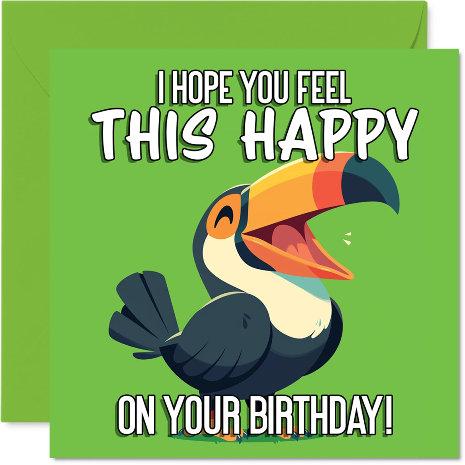 Playful Birthday Card - Bursting with Birthday Cheer - Vibrant Toucan Perched on Lush Green with Joyful Message - 145mm Square, Envelope Included