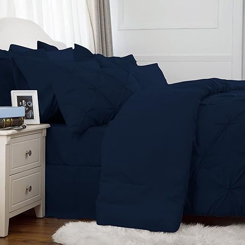 Miniatura 4 de High Kotton - Juego de edredón plisado de 8 piezas en una bolsa, ropa de cama plisada para cama Queen (azul marino) de color, edredones, sábanas,