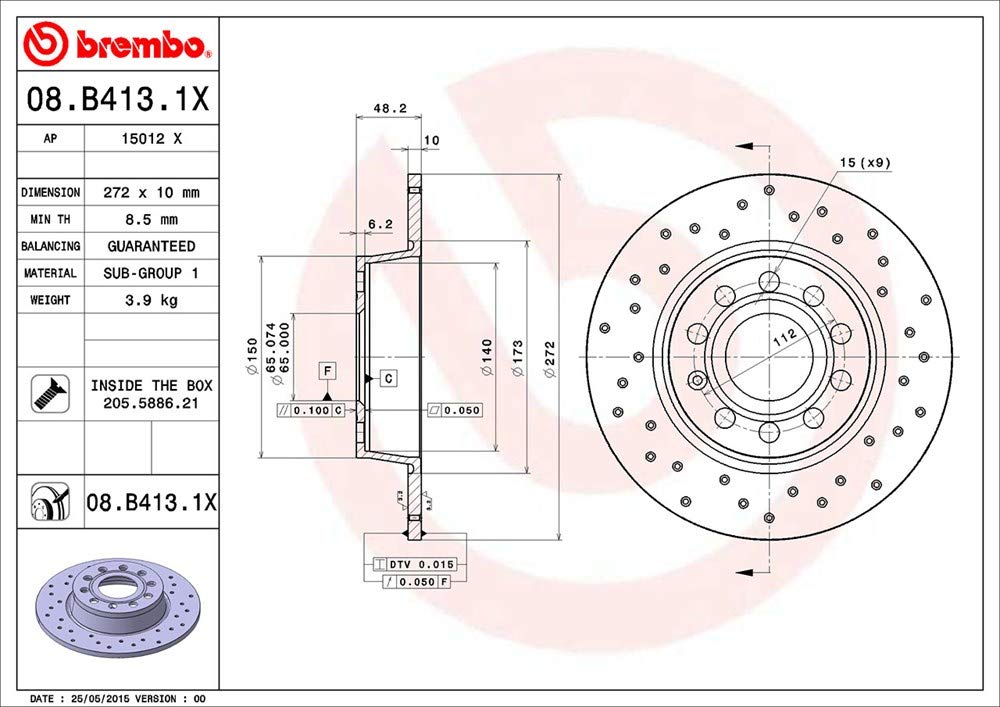 Brembo Xtra 08.B413.1X - Disco Freno Forato Posteriore, Set di 2