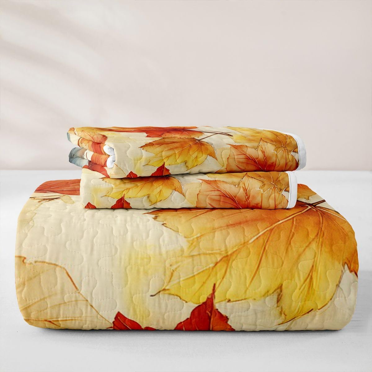 Manfei Watercolor Maple Seamless Quilt Set Twin Size,Mixed Autumn Leaf Quilted Bedspread for Kids,Autumn Style Quilted Coverlet with 1 Pillow Sham,Teal Cream Bed Covers for All Season
