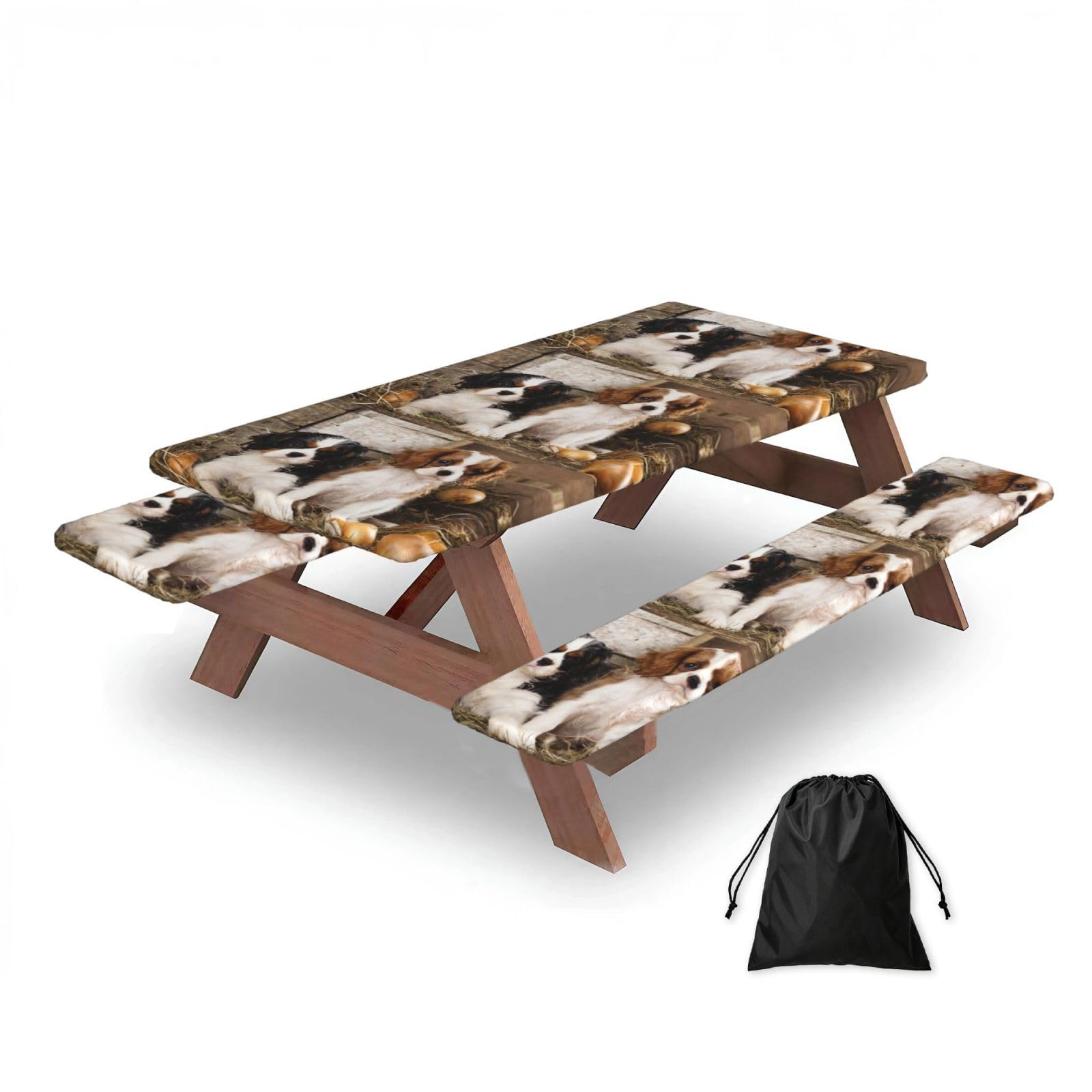 Dopklna As Picture Cavalier King Charles Spaniel Small Puppies, Picnic Table Cover With Bench Covers -Waterproof Elastic Fitted Tablecloth For Garden Camping Patio 76X152cm