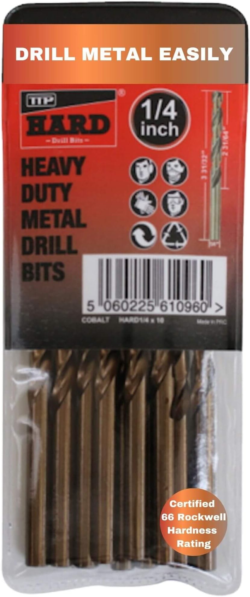 TTP HARD Drills 1/4 Drill bit - Cobalt Hardened bits for Drilling Hard Steel & Stainless, Heavy Duty Universal Drills for Cutting Tough Metal, Professional jobber Industrial 135 Degree Point