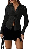 SOLYHUX Women's Ruched Button-Down Blouse Long Sleeve Slim Fit Aesthetic Top for Office & Casual