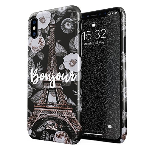 Glitbit Compatible with iPhone X, iPhone Xs Case Bonjour Paris Eiffel Tower Floral France City of Love Roses Flower Thin Design Durable Hard Shell Plastic Protective Case Cover