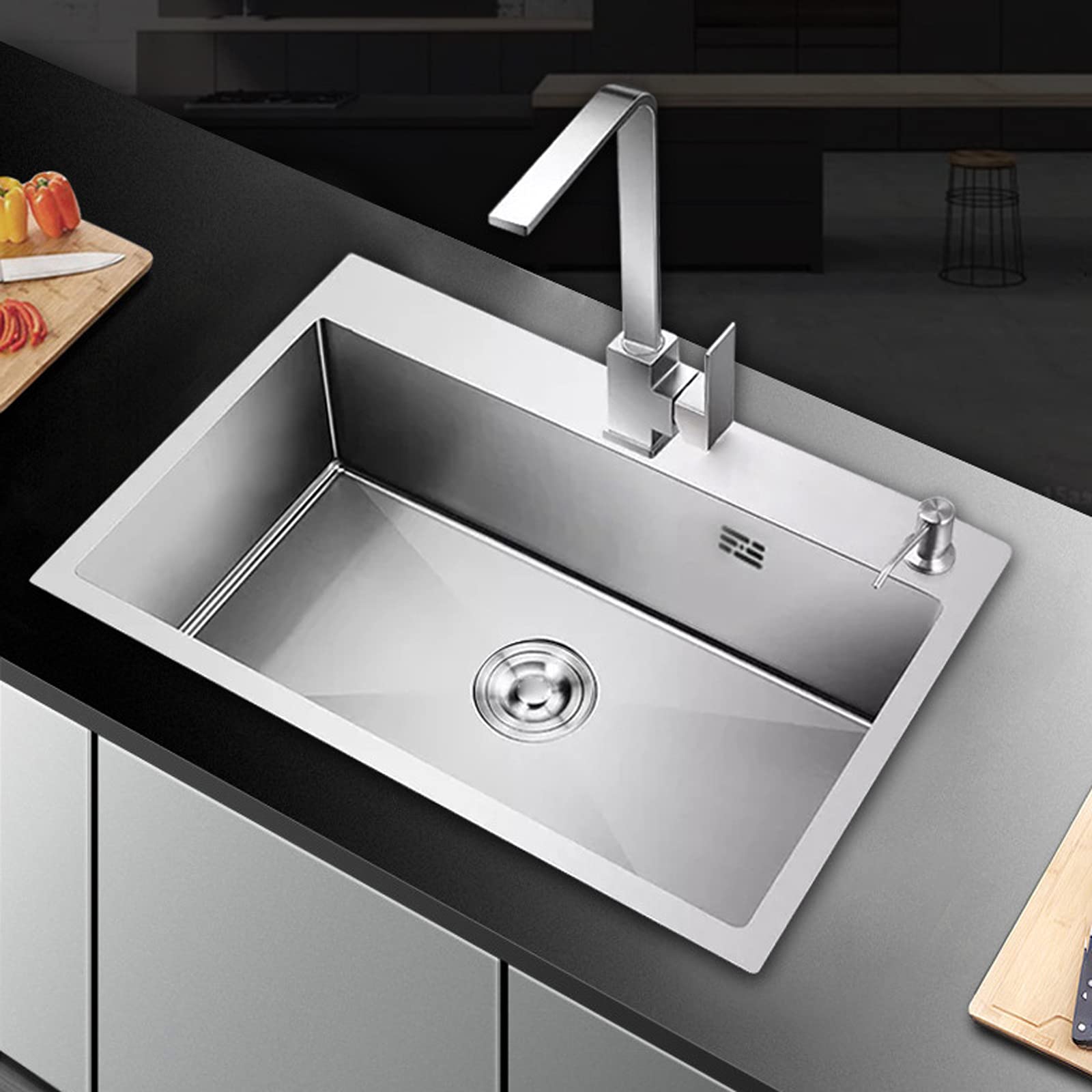 Fregadero de Cocina, Fregadero Individual Cuadrado de Acero Inoxidable con Kit Completo de fontanería, desagüe, instalación bajo encimera y Cesta para Platos (tamaño: 6545, Color: