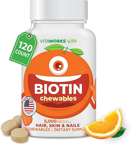Kids Biotin - Tabletas masticables de 5000 mcg | Sabroso suplemento de biotina | Vegano, sin OGM | Crecimiento del cabello, piel y salud de las uñas