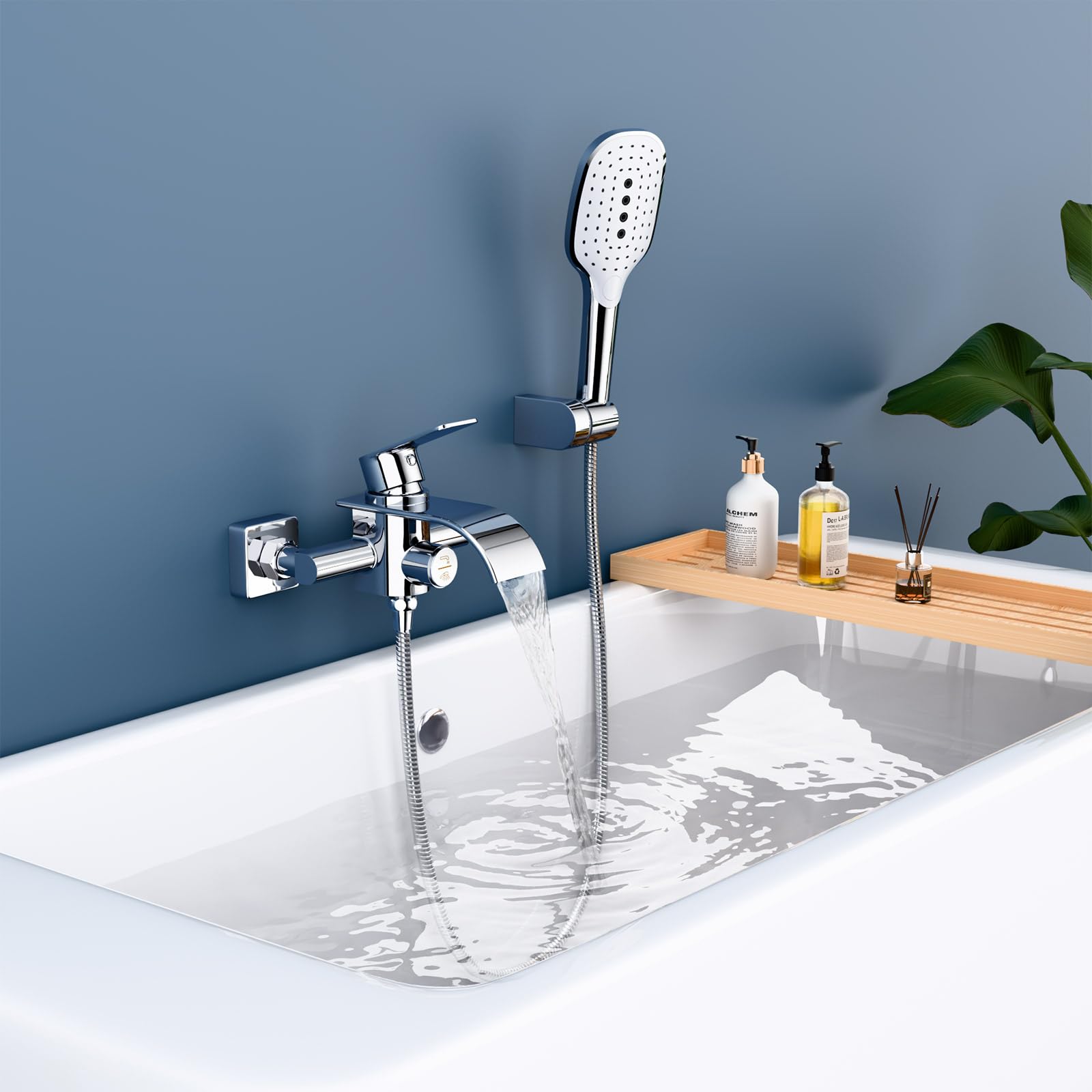 rubinetto per vasca da bagno con doccetta a mano, cascata e miscelatore in ottone 3 funzioni, interruttore a pressione