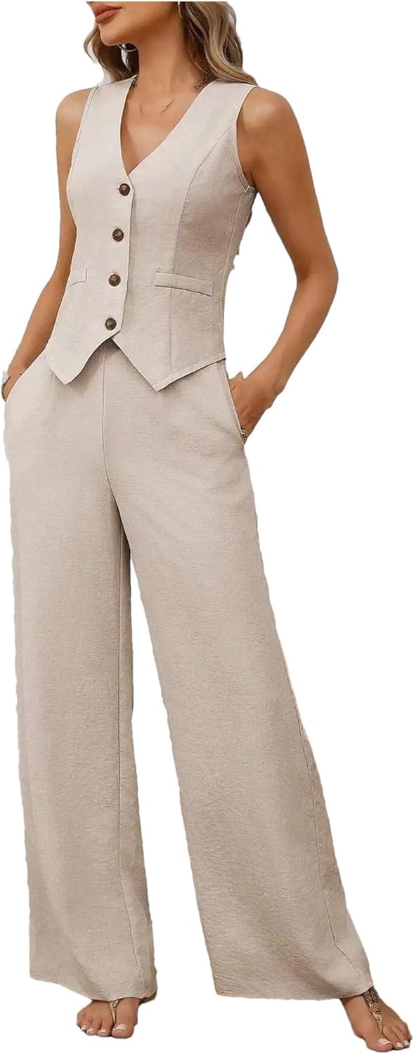 Women's Linen Two Piece Set V Neck Sleeveless Vest And Loose Pants Summer Office Casual Outfit