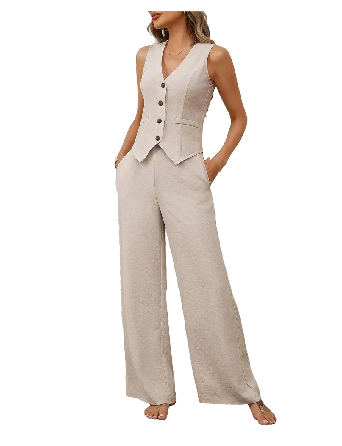 Womens Linen Two Piece Set V Neck Sleeveless Vest And Loose Pants Summer Office Casual Outfit