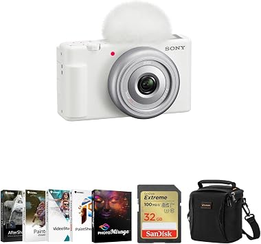 Sony ZV-1F Vlogging Camera, White Bundle with Corel PC Software Kit, 32GB SD Card, Shoulder Bag