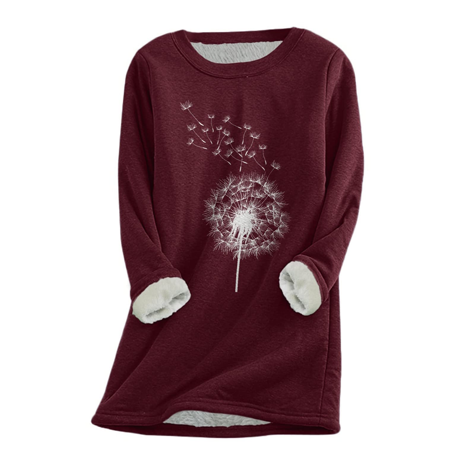 Womens Fall Winter Warm Thick Fleece Shirts, Long Sleeve Crewneck T Shirt - Wool Velvet Tee Thermal Underwear Tops B-Wine