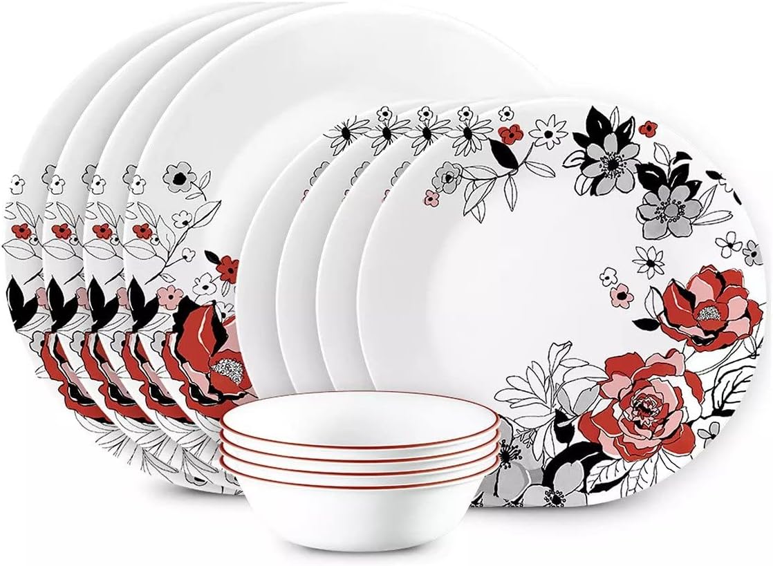 CORELLE Chelsea Rose 12-Piece Dinnerware Set, Service for 4, Red, Black - Black Friday Deals On Corelle Dinnerware