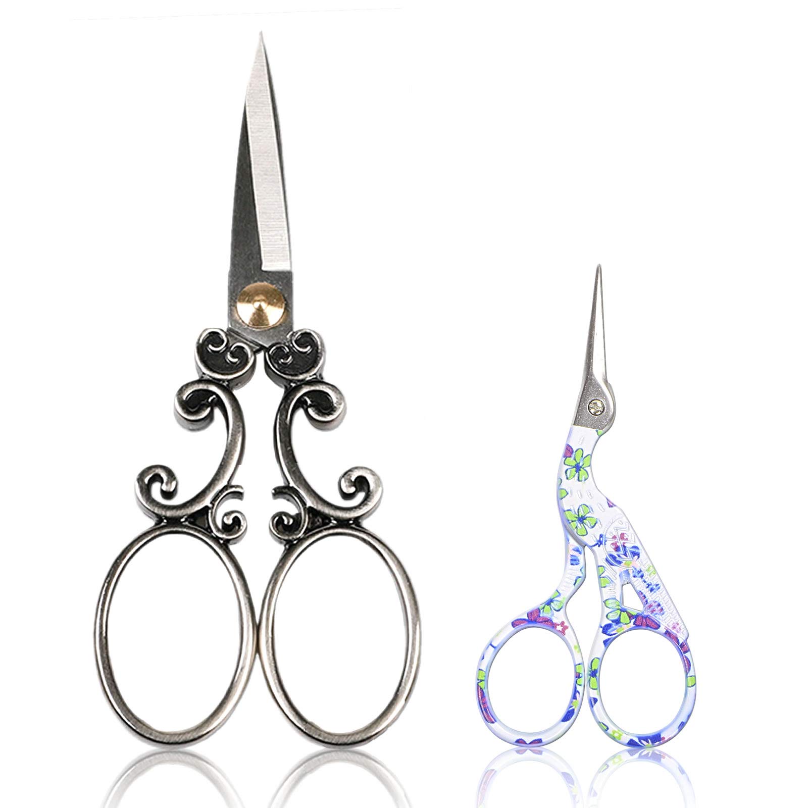 BIHRTC Vintage Cloud Pattern Scissors and Classic Crane Design Sewing Scissors for Embroidery, Sewing, Craft, Art Work & Everyday Use - Pack of 2,1 Pair Per Design