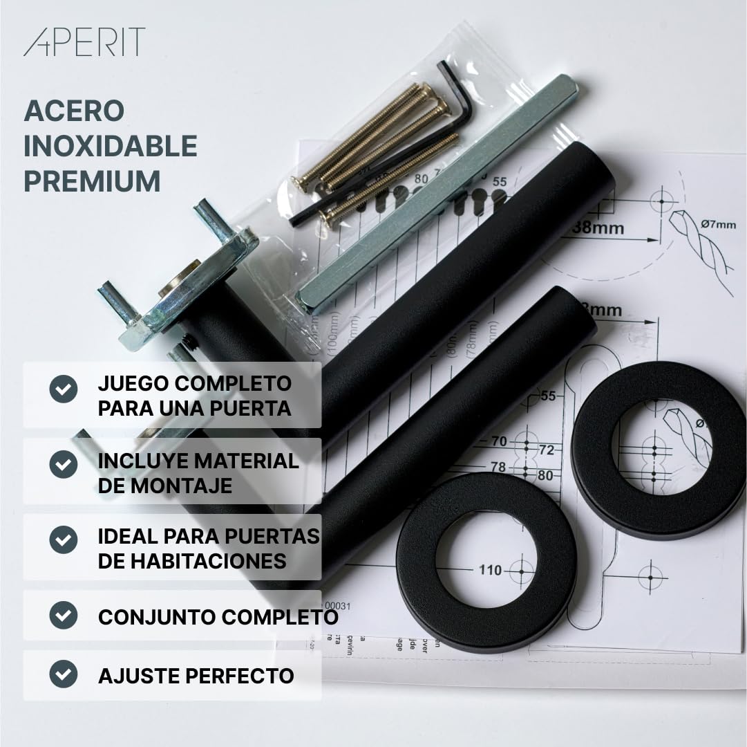 Manilla de Puerta Negra de Acero Inoxidable – Tirador Profesional en Forma de T – EN1906 Clase 3 – Juego de Manillas con Cerradura para Baño – Para Puertas Interiores