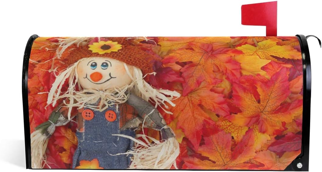 ZZKKO Mailbox Decor Fall Leaves and Girl Scarecrow Autumn Landscape Mailbox Covers Magnetic Seasonal Colorful Pattern Home Houses Letter Box Cover Decorations,25.5x20.8 Inch Large Size,Multicolor