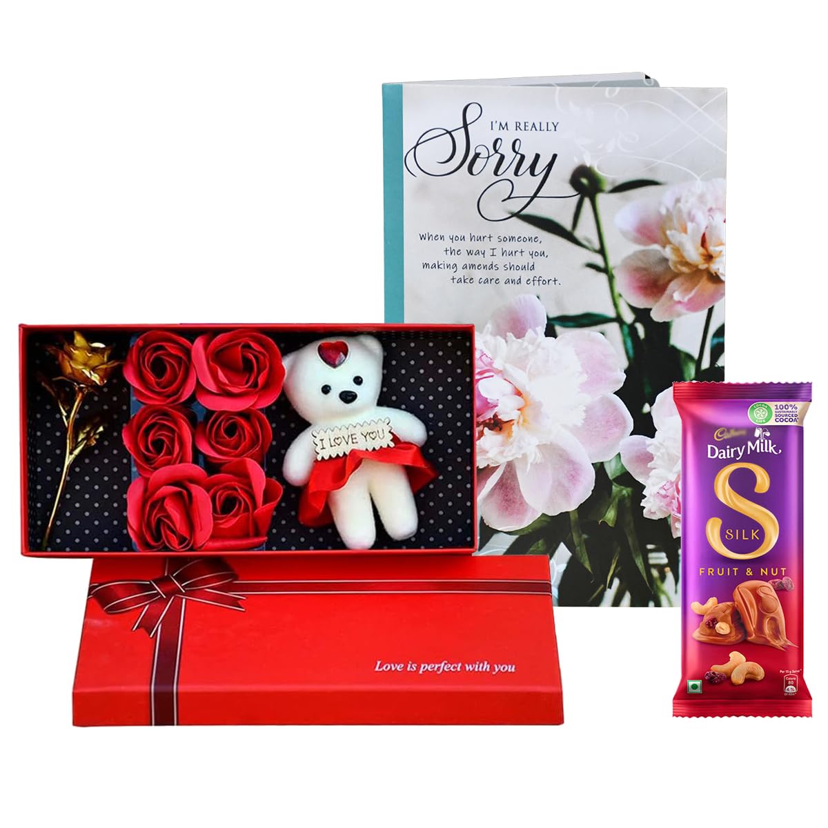 Saugat Traders Apology/Sorry Gift for Wife, Girlfriend, Boyfriend - Chocolate with Sorry Card and Gift Box with Small Teddy, 6 Red Rose Scented Flowers - Apologise Gifts-image-5