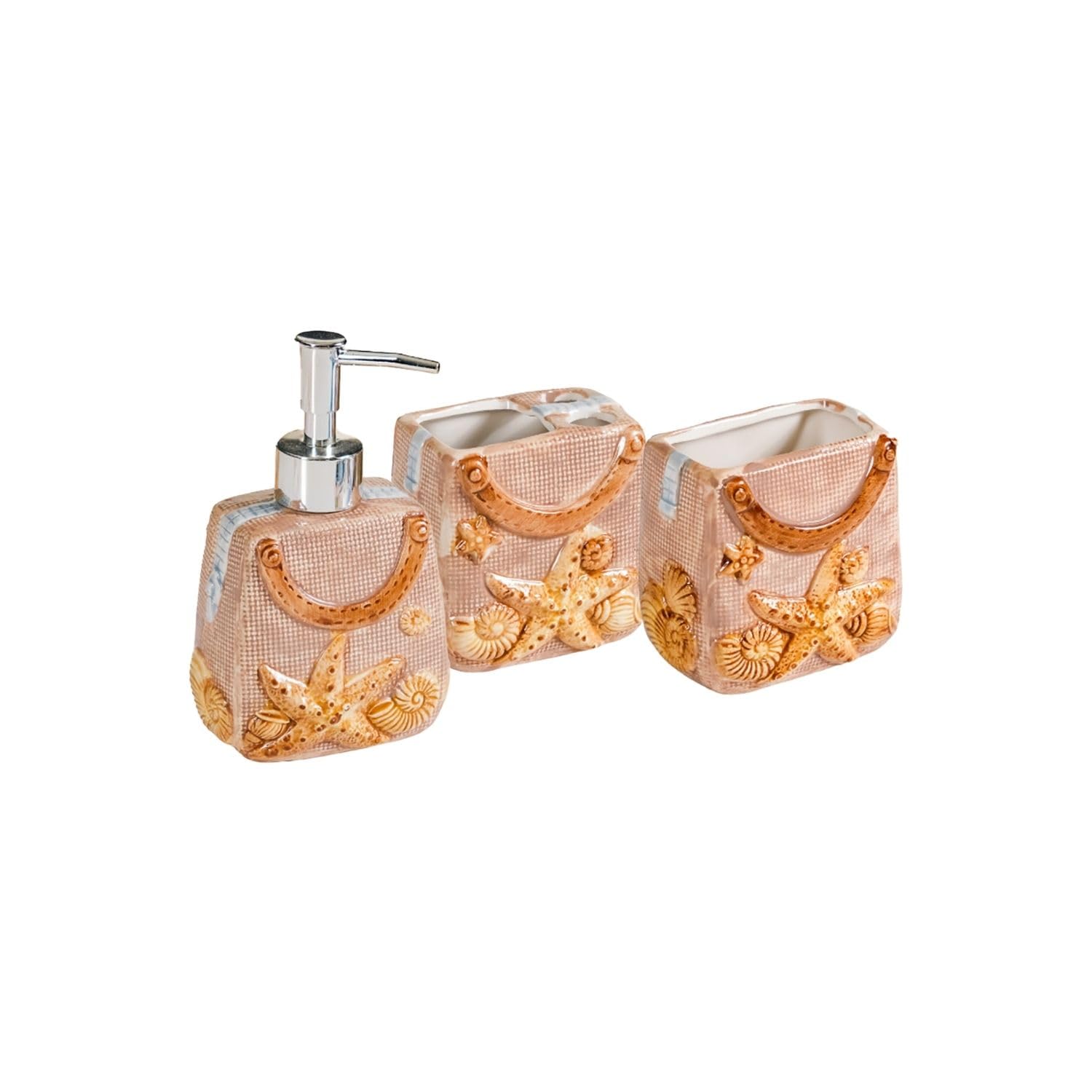 Nestasia Ceramic Bathroom Accessories Set of 3 | 300ml Dispenser, Toothbrush Holder, Tumbler | Coastal Seashell Handbag Design with Glossy Finish (Beige)