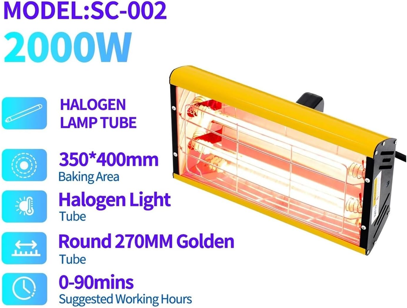 Portable Paint Curing Lamp 1000W/2000w Handheld Shortwave Heating Light Repair Tool(DT-SC-002,110V US)
