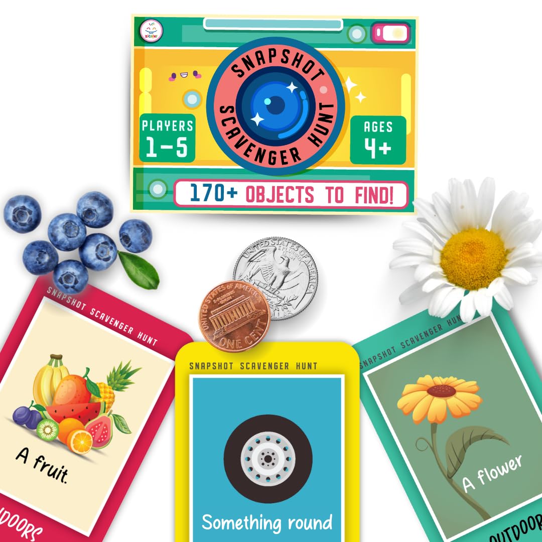 Zicster Snapshot Scavenger Hunt for Kids Ages 4-8, Indoor Outdoor Game. 170+ Objects & Prompts. Find and Seek Scavenger Hunt Card Game. Outdoor Activities and Scavenger Hunt for car Ride