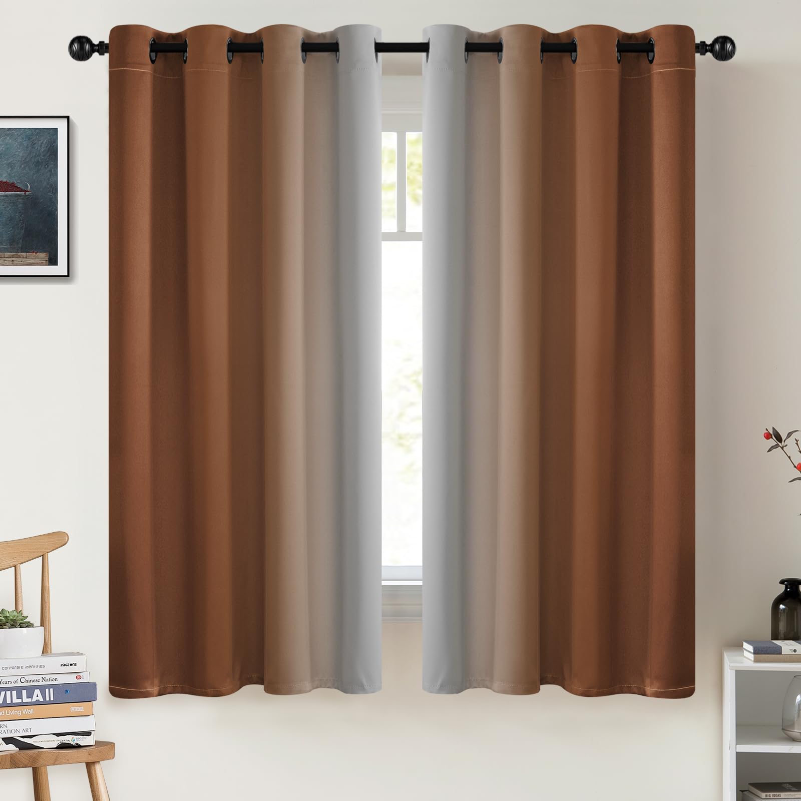 COSVIYA Curtains & Drapes Ombre Burnt Orange Curtains 63 inch Length 2 Panels, Grommet Room Darkening Light Blocking Insulated Thermal Gradient Window Panels for Bedroom/Living Room,52x63 inches — image 1