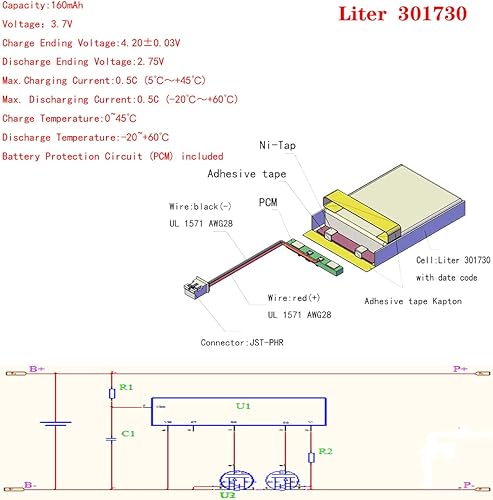 Miniatura 3 de Liter 3.7V 160mAh 301730 Lipo Batería recargable de iones de polímero de litio con conector JST 0.079 in