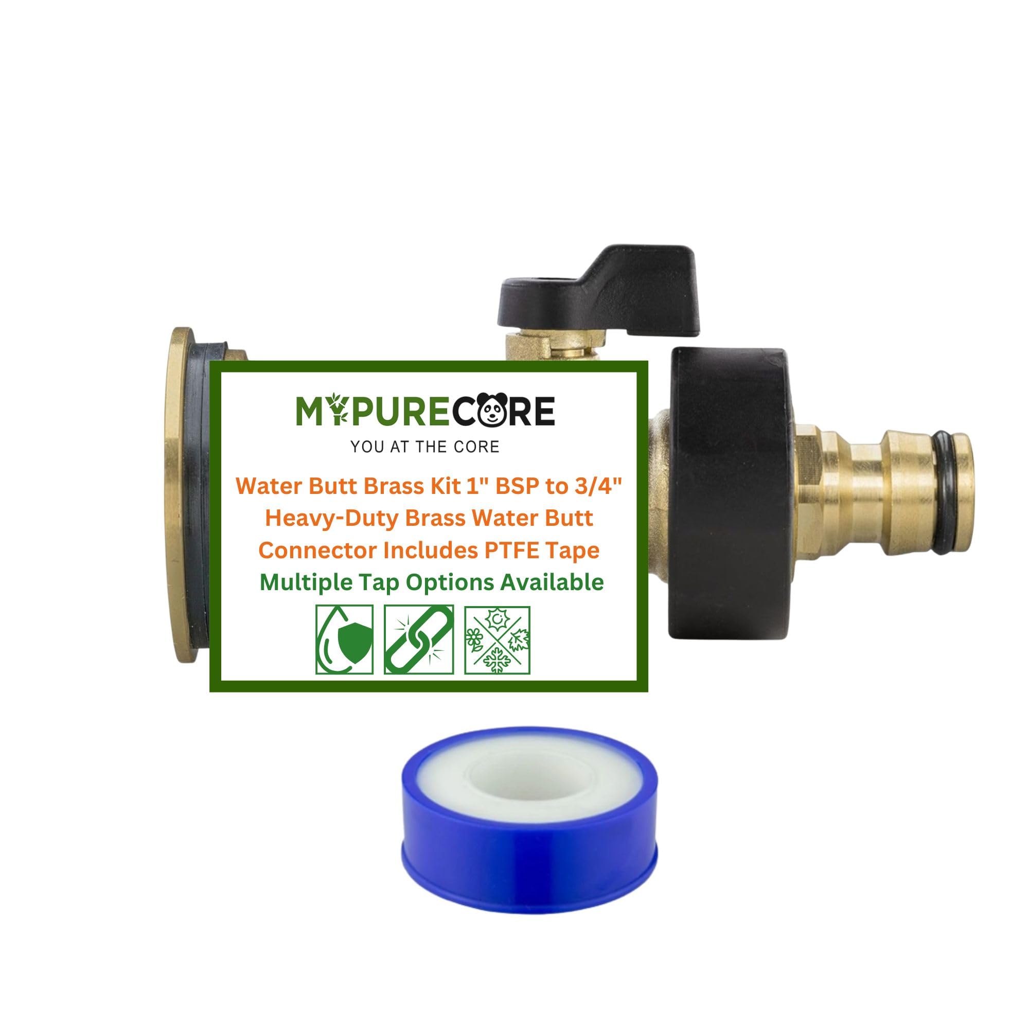 MYPURECORE Water Butt Brass Kit 1" BSP to 3/4" – Heavy-Duty Brass Tank Connector with Tap Options for Rainwater Harvesting & IBC Containers ((Valve with Quick Connect))