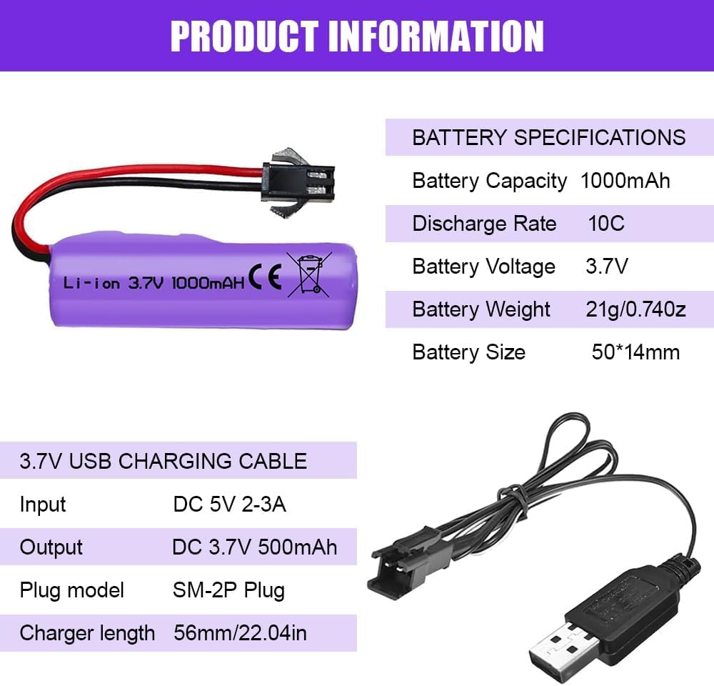 Akumulator litowo-jonowy 3,7 V 1000 mAh SM-2P + ładowarka USB do samochodów RC
