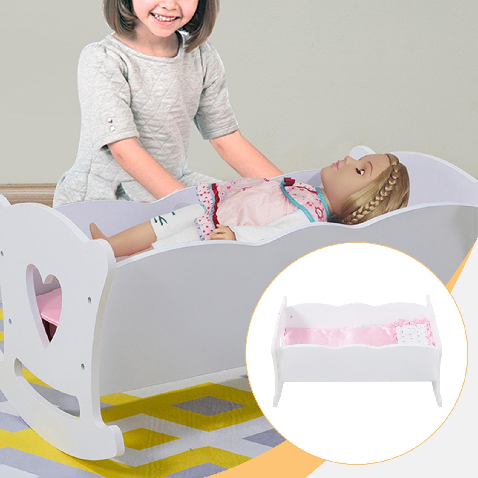 Letto A Dondolo Per Bambole In Legno Bianco | funzione oscillante, cuscino e coperta inclusi, gioco realistico