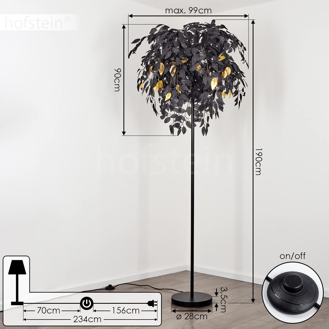Lampa podłogowa Kallax, wykonana z metalu/plastiku w kolorze czarnym/złotym, z kloszem w optyce liścia, wysokość 190cm, z włącznikiem nożnym na kablu i efektem świetlnym, 3xE14, bez żarówek