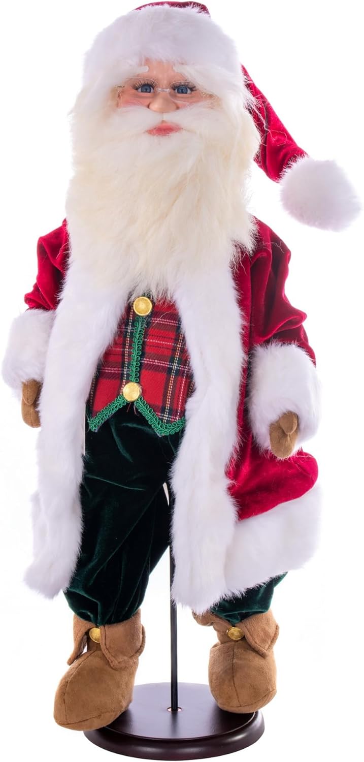 Vickerman 24" Red Plaid Velvet Santa Doll with Stand. This Santa has Glasses, Stand is Removeable.