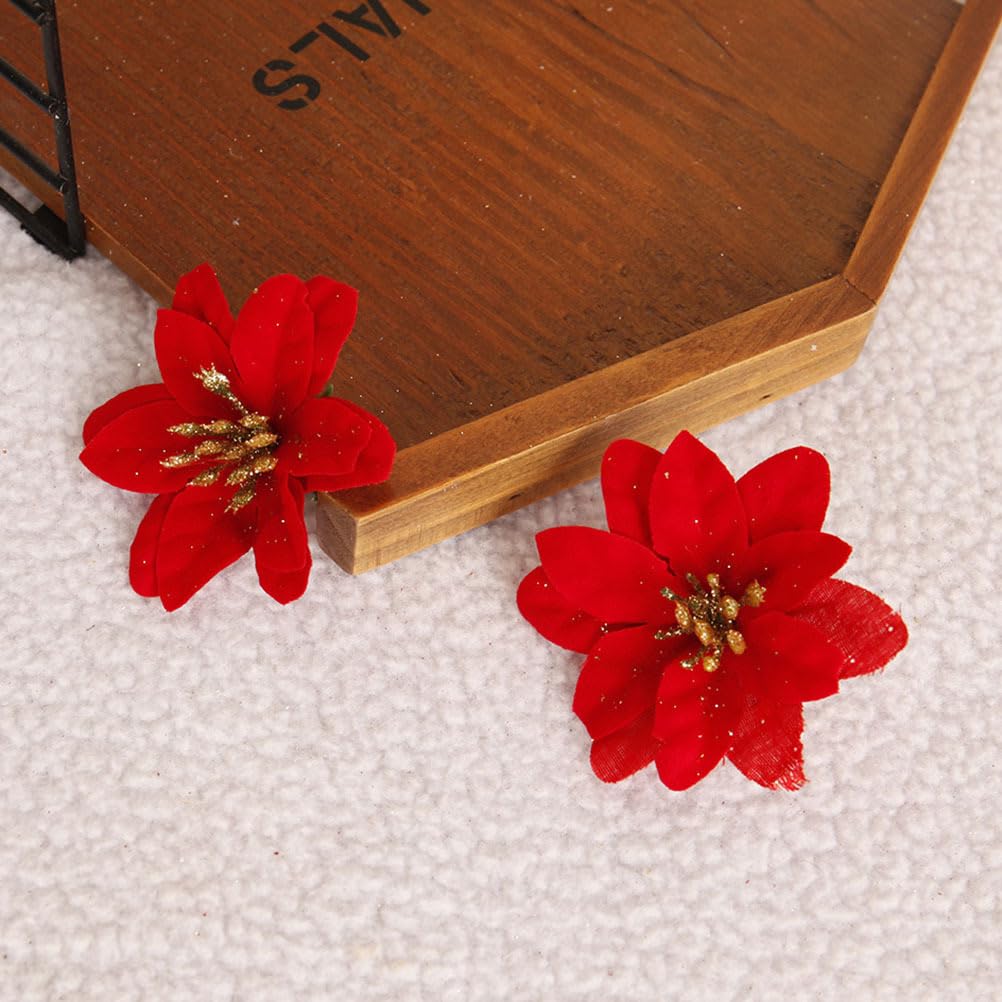 MAGICLULU 10Pcs Christmas Glitter Poinsettia Flowers Poinsettia Flowers Christmas Decor Artificial with Stems Fake Decor Red Artificial Xmas for Xmas Tree Wreath 2.3in - Image 4