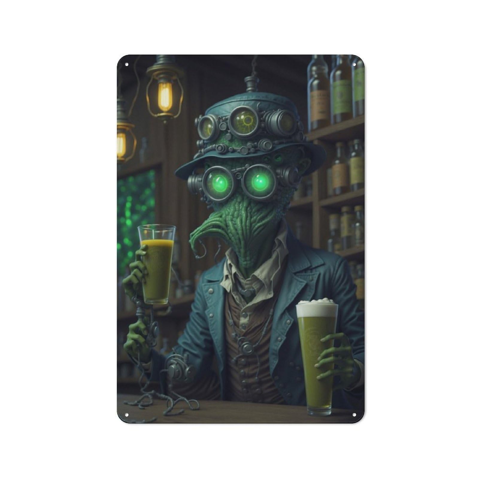 Junmoney Steampunk Beer Alien Pub Tin Sign 30X20cm With For Home Bar Wall, Vintage Decor, For Garage, Workshop And Man Cave Decoration