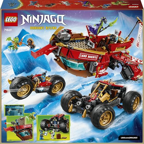 LEGO Ninjago Le Bounty Terrestre - Jouet Ninja 3-en-1 se Tranformant en Bateau, Voiture & Moto - 6 Minifigurines - Cadeau d'anniversaire pour Garçon dès 9 Ans ou Fan du Soulèvement des Dragons 71869