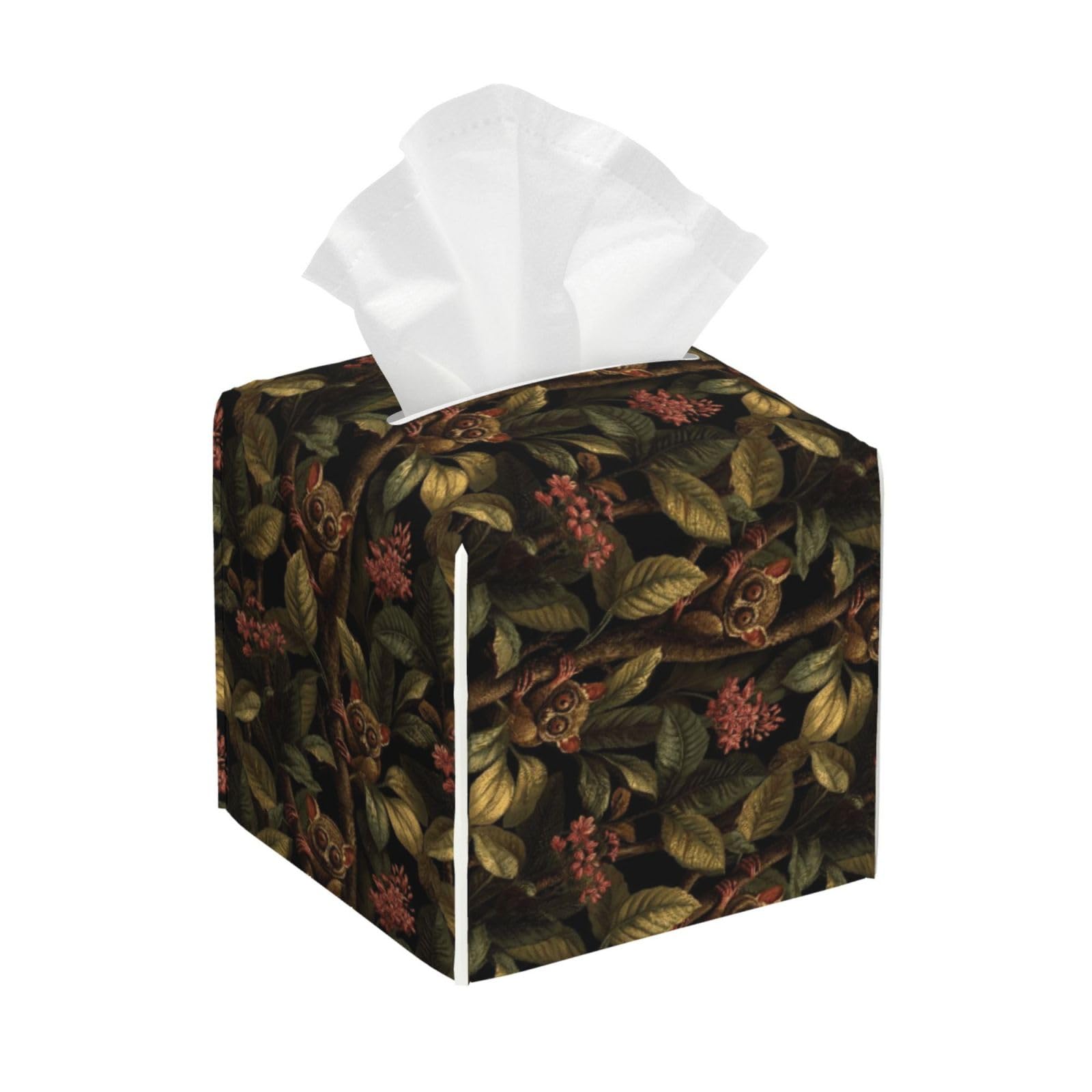 Tropical Tarsier Pattern Print Tissue Box Cover Holder Square, Foldable Modern Cube Tissue Box Cover, Leather Decorative Organizer for Tabletop Bathroom Car Office Desk Decor