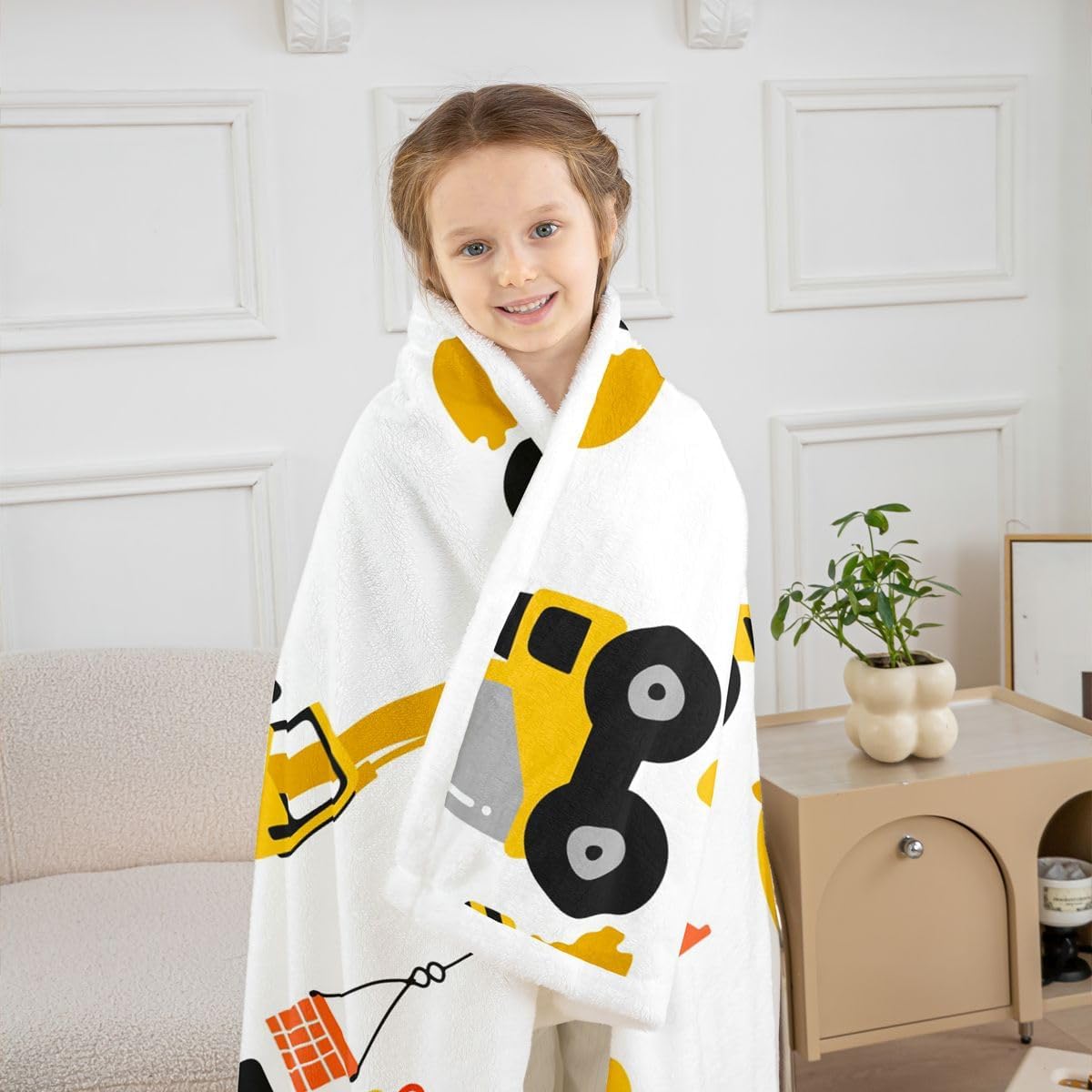 Feelyou Cartoon Car Fleece Throw Blanket Kids Construction Plush Blanket for Bed Sofa Couch Equipment Trucks Sherpa Cartoon Yellow Car Excavator Tractor Fuzzy Room Decor Throw 50"X60"